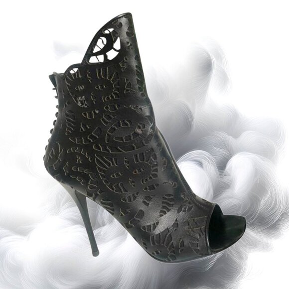 Giuseppe Zanotti Black Leather Laser Cut Open Toe Stiletto Ankle Boot, 3… - Picture 1 of 9